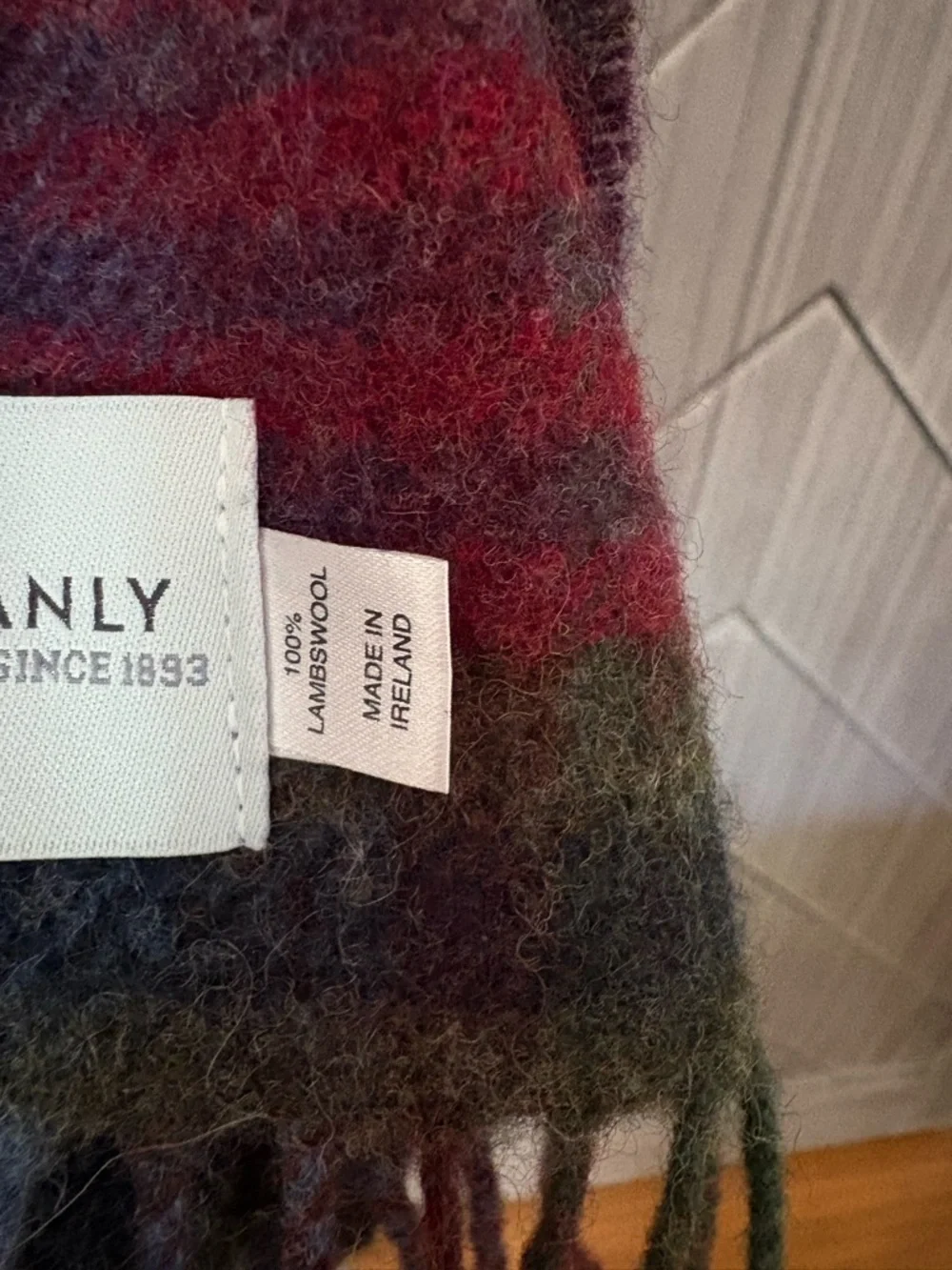 NWT JOHN HANLY 1943 Irish Wool Scarf Green Mustard Purple Check Plaid Wool